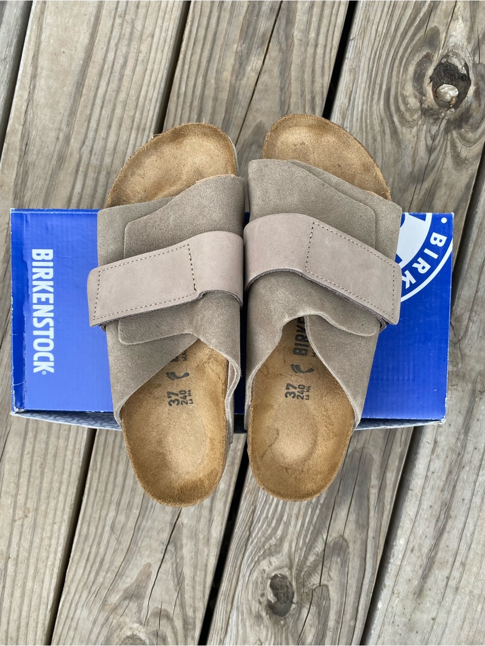 Birkenstock Kyoto Taupe Suede Two-Strap Adjustable Slide Sandals